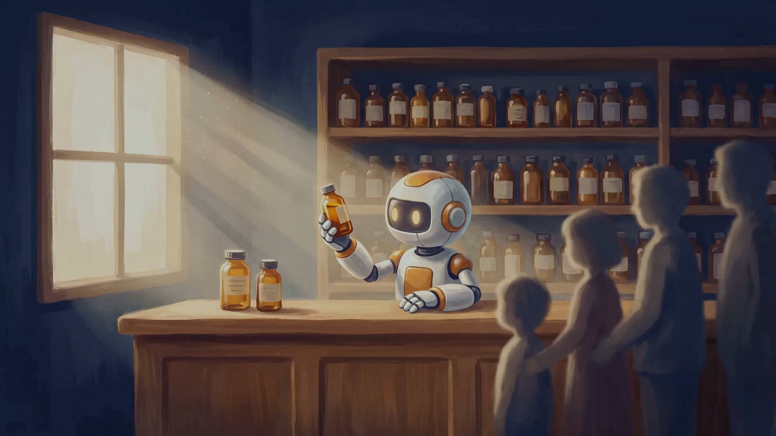 THE FOUR MACHINES, opening frame: the robot at the pharmacy counter