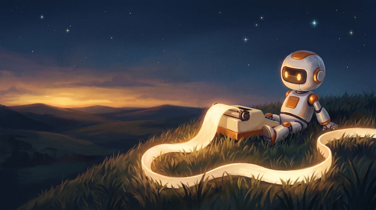 The robot at rest beside its typewriter at sunset, the ribbon of words settled into the grass