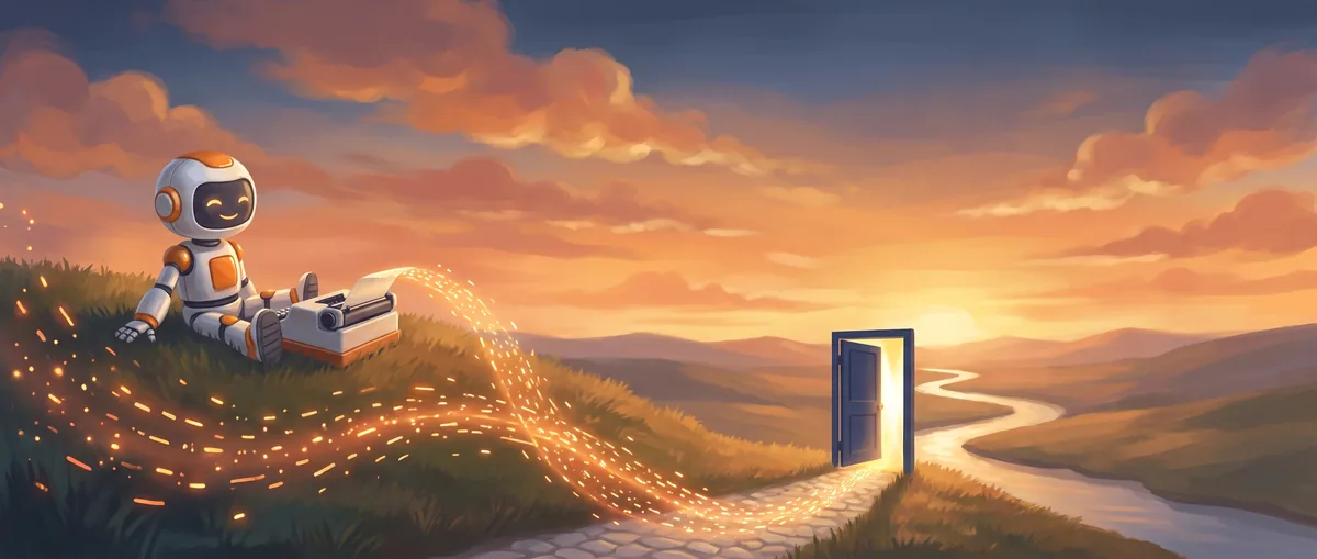 The painted robot at rest beside the typewriter at sunset. The ribbon of glowing words runs down the hill and through the open navy door in the valley.
