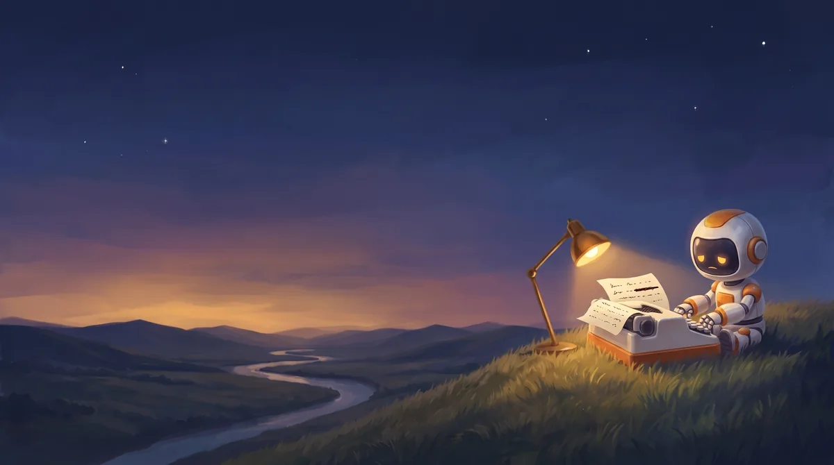 The robot at its typewriter on the hill at dusk, a small lamp on, one typed line on the page struck through.