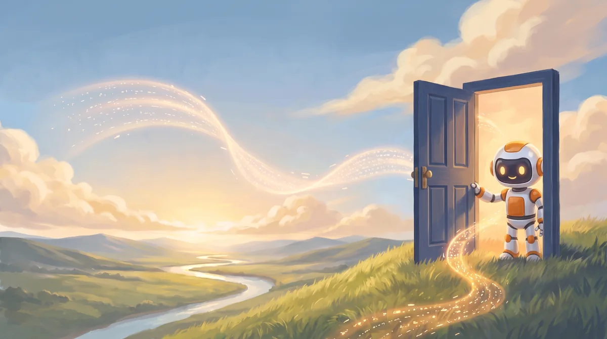 The robot holding a navy door open on the hillside at sunrise, the ribbon of words flowing through the doorway.