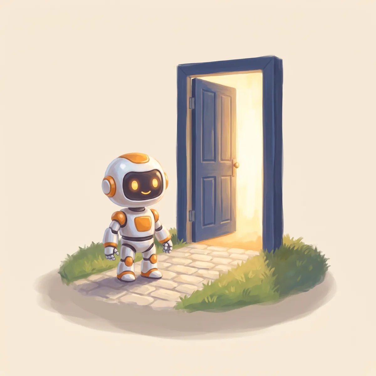 A small painted robot standing at a finished road with the door open.
