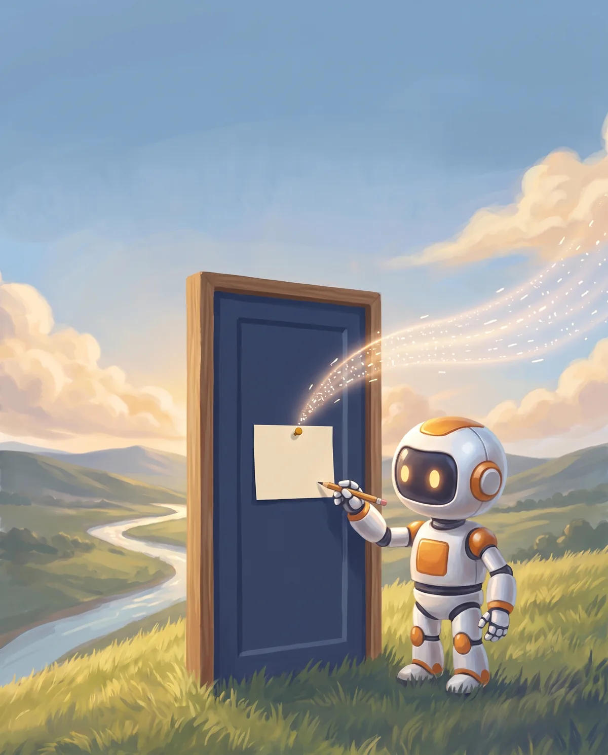The painted robot writing one number on a card and pinning it to the navy door.