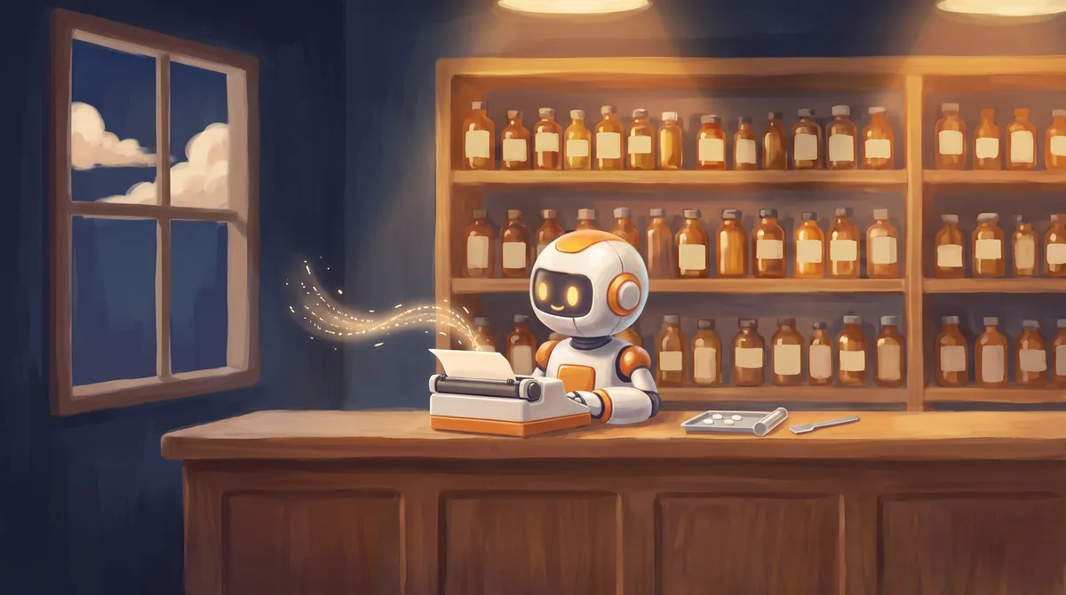 The painted robot behind a pharmacy counter at 7pm, the shop lights on, a typewriter on the counter beside the dispensing tray.